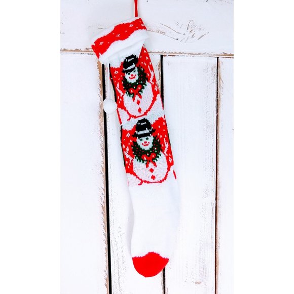 Vintage white and red woven slouchy knit snowman Christmas stocking - Picture 2 of 2
